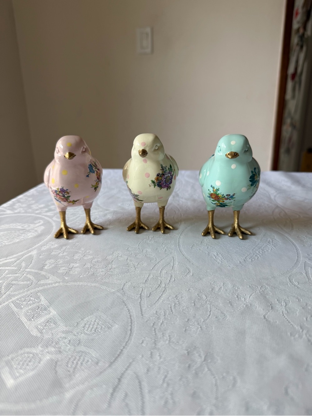 MacKenzie-Childs Trio of Pastel Floral Ceramic Birds - Pink, Cream & Blue